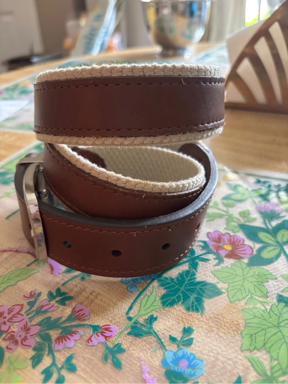 Tommy Bahama Brown Leather Belt with Cream Canvas Edge Reversible